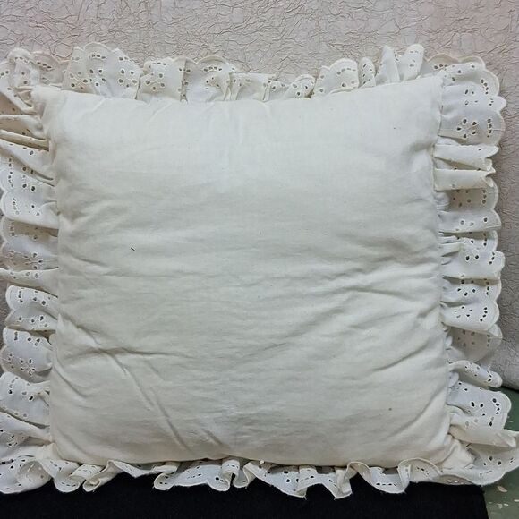 Hand crafted Embroidered Floral Ruffle 16" Square Pillow - Picture 4 of 5